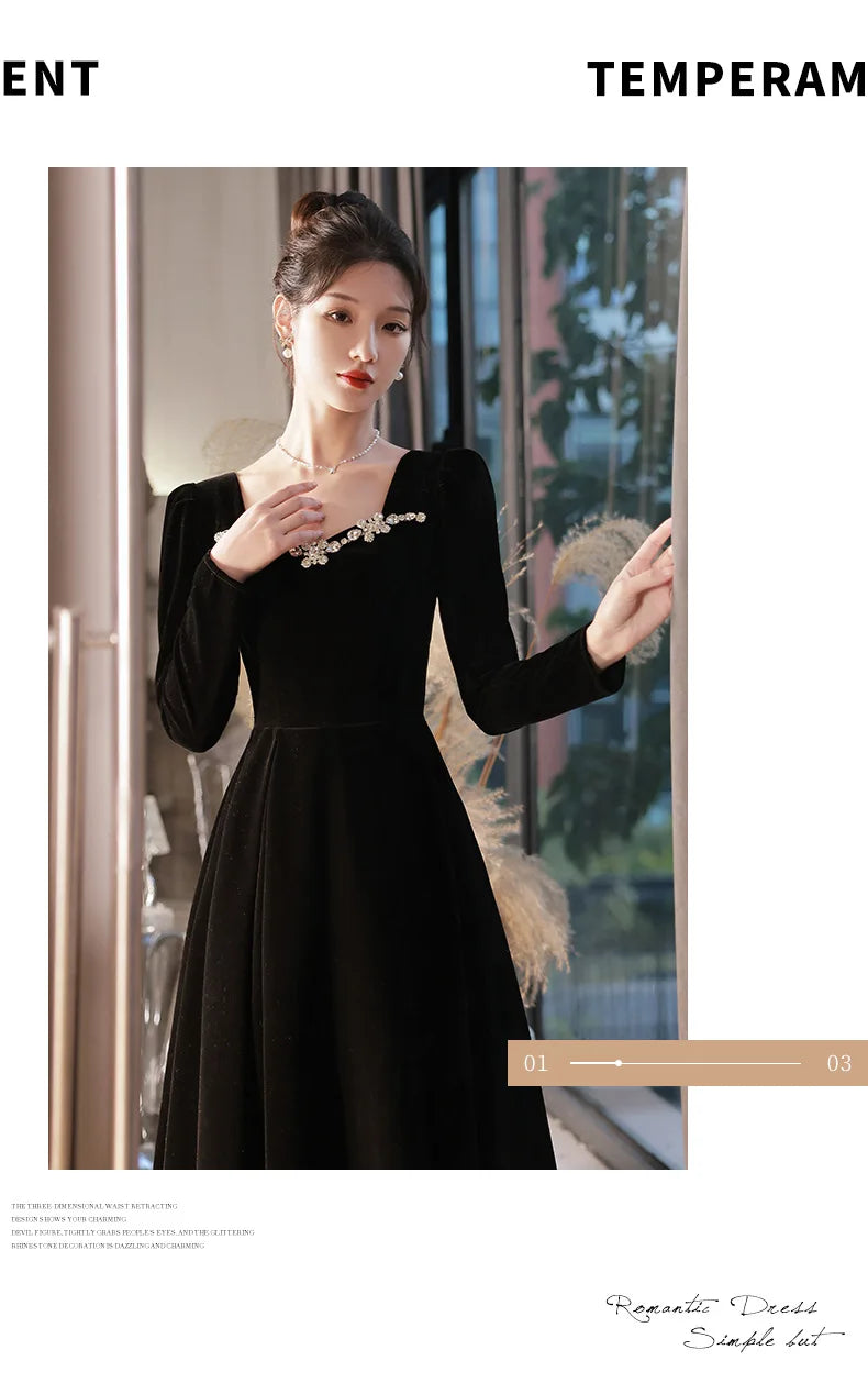 Autumn Winter Black Evening Dress Women Elegant  Luxury Velvet Long Sleeve A-line Party Dresses French Beadding Prom Gown - Seprincess