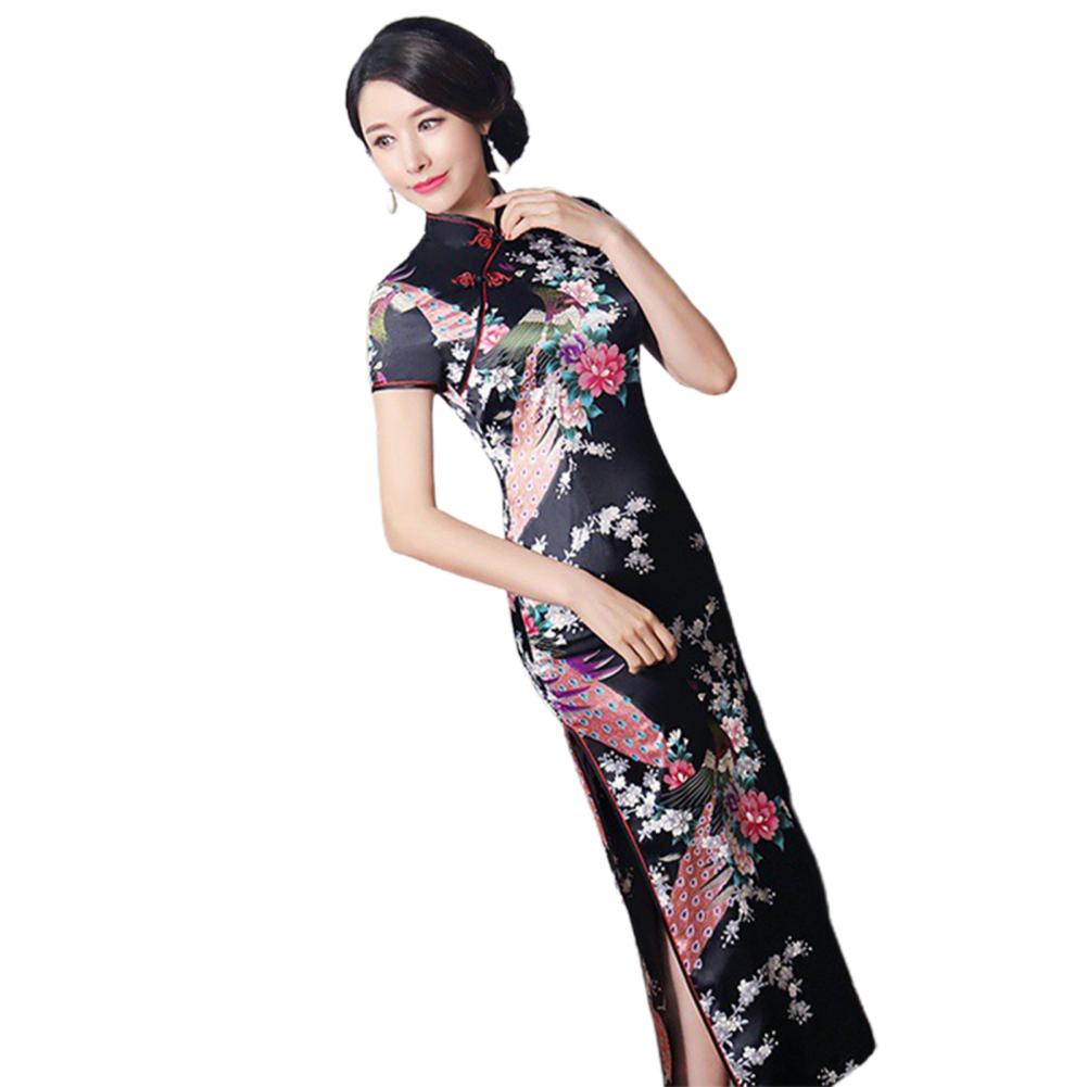 Chinese Style Qipao Satin Cheongsam Floral Embroidery Classic Wedding Evening Party Dress High Split Silky Plant Lady Dress - Seprincess