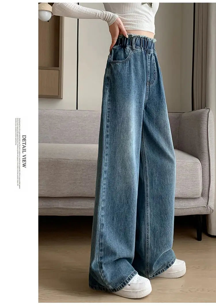 Large Size Denim Trousers Women Trailing Straight Wide Leg Loose High Waisted Slim Lace Tassel Higher Pants