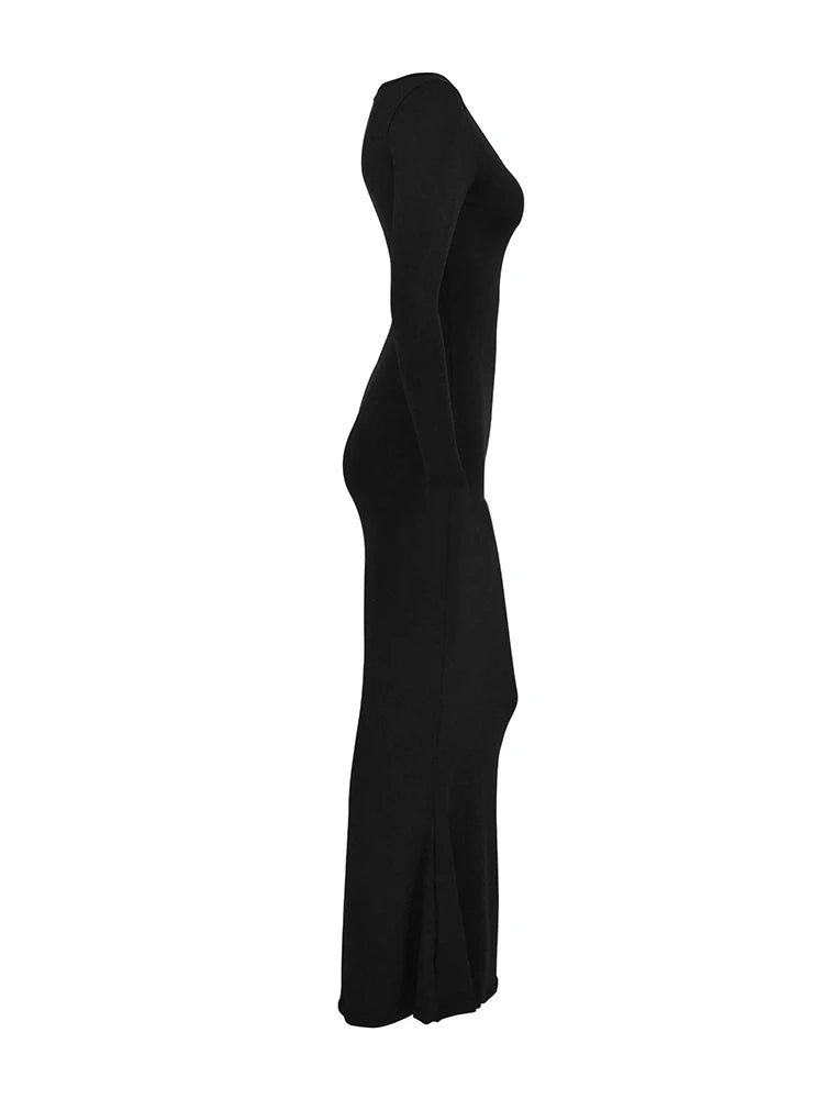 Sexy Maxi Dress For Women Party Black Casual Square Collar Bodycon Solid Long Dress Streetwear Fashion Club Elegant Dresses New - Seprincess