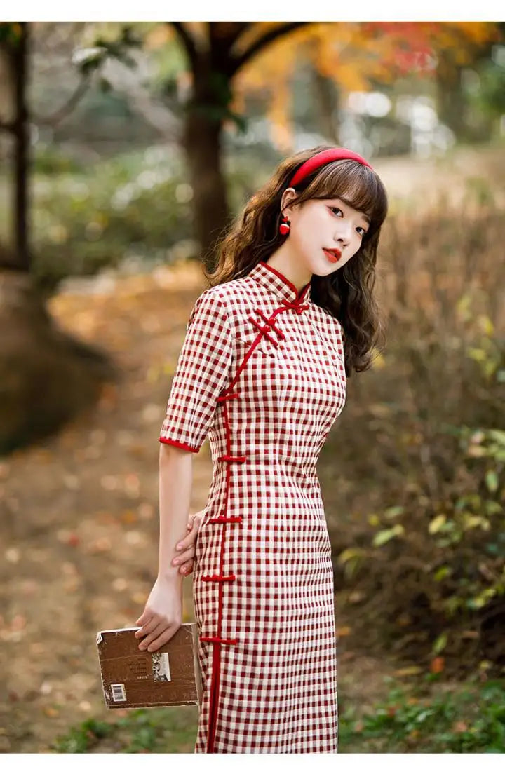 Plaid Cheongsam Young Girl 2024 Spring New Style Literary Elegant Retro Chinese Style Qipao Dress - Seprincess