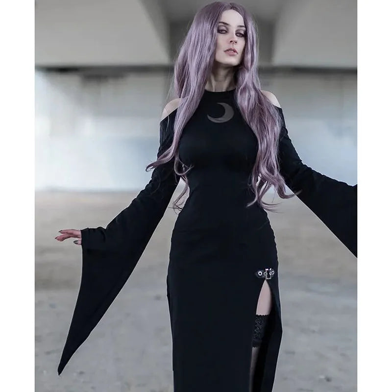 Gothic Dark Witches Clothes Halloween Cosplay Women Witchcraft Moon Dress Trumpet Sleeve Outfits Costumes - Seprincess