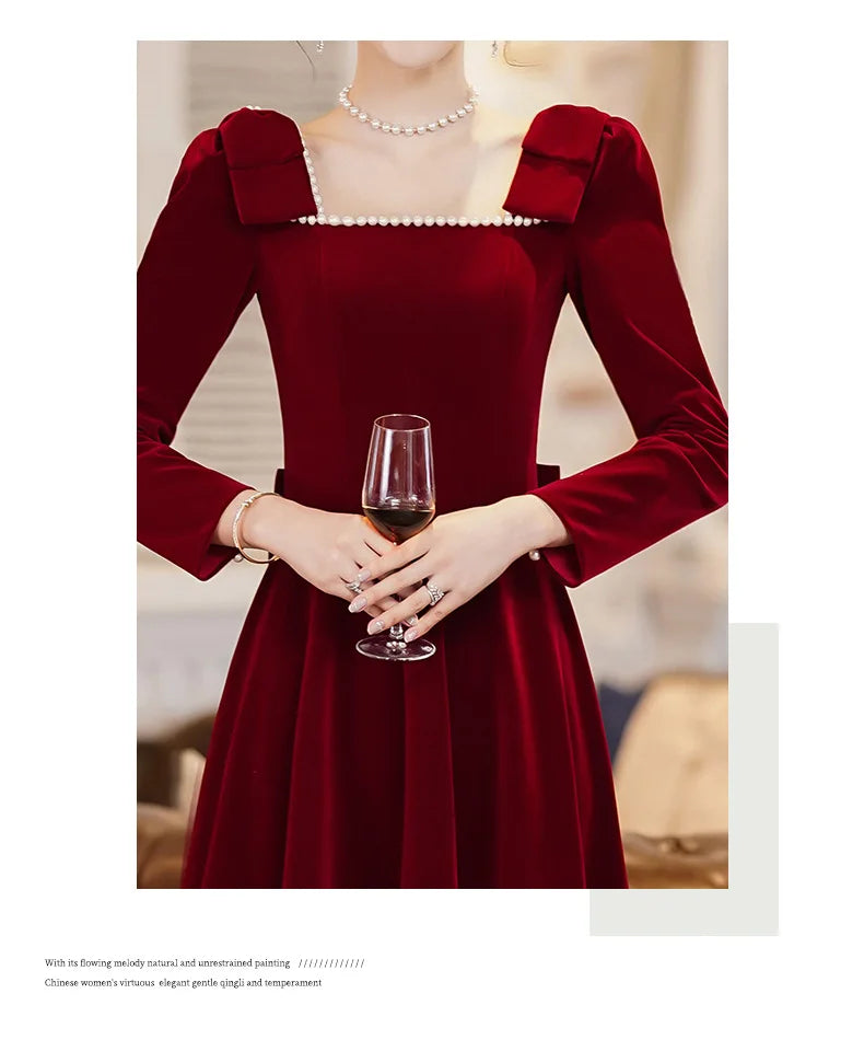 Burgundy Velvet Evening Dress Elegant Beaded Square Collar Engagement Dresses Temperament Bow Long Sleeve Formal Banquet Gown - Seprincess