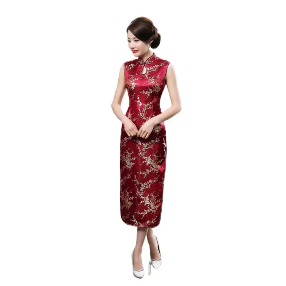 Floral Print Cheongsam Dresses Mandarin Collar Vintage Bodycon Dresses Maxi Chinese Style Chinese Qipao Evening Dress - Seprincess