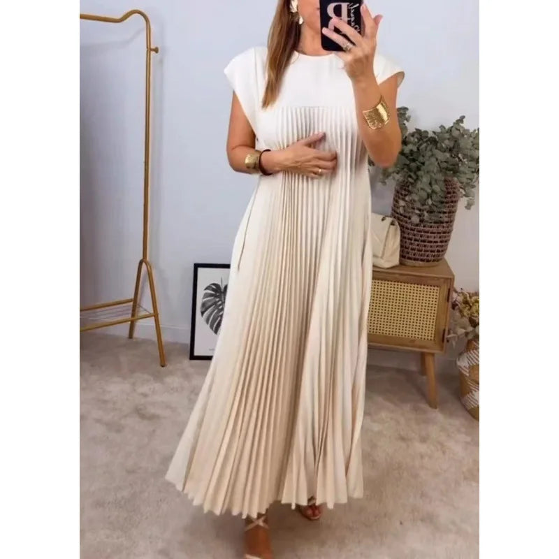 Women's Elegant And Fashionable Round Neck Sleeveless Pleated Long Dress In Solid Color Beige With Pockets, Oversized Long Skirt - Seprincess