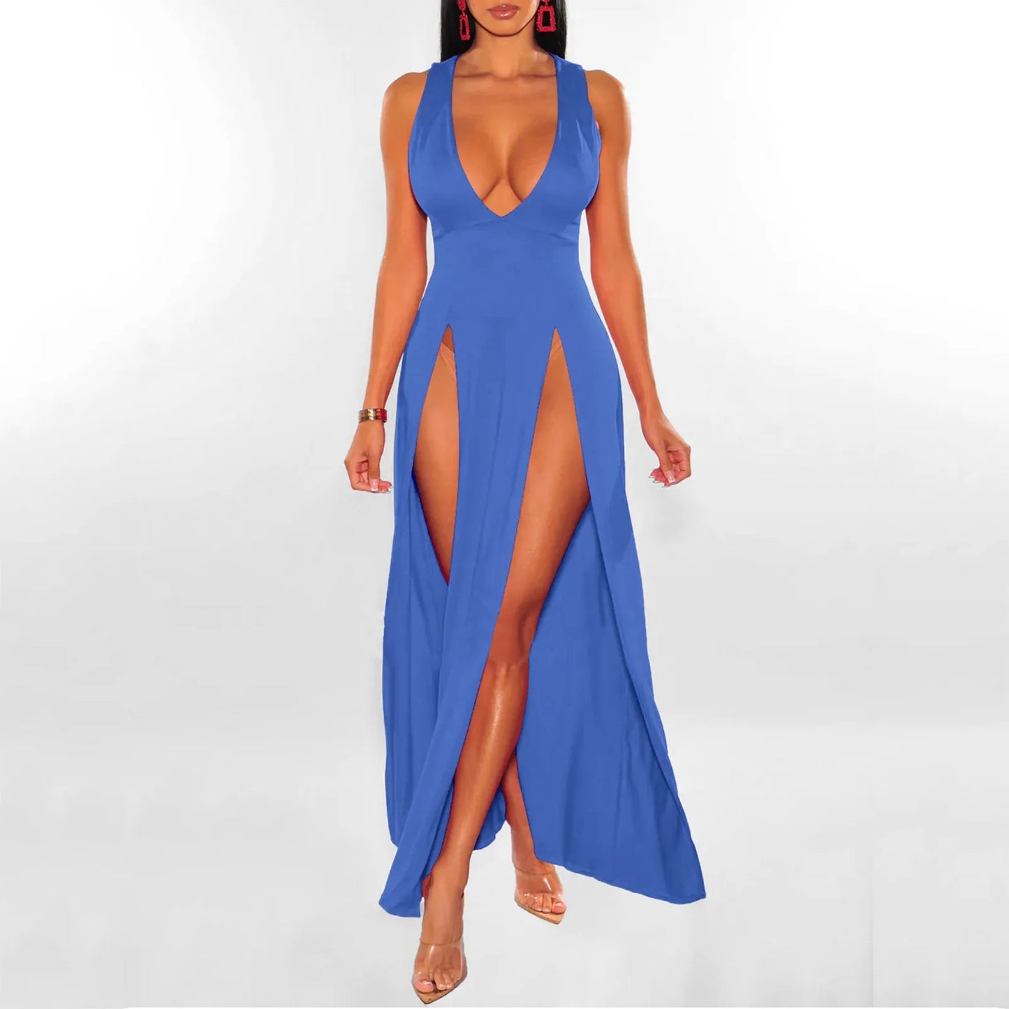 Sexy Lingerie Porno Exotic Dresses Deep V-Neck Sleeveless Double Slit Perspective Suspender Sexy Honeymoon Plus Size Vestidos - Seprincess