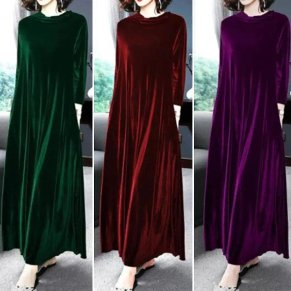 2024 Winter Women Turtleneck Long Maxi Velvet Dress, Elegant Long Sleeves Party Dress,Autumn Velour Dress - Seprincess