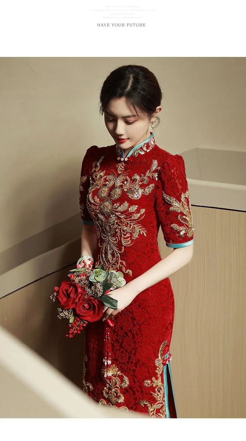 Toast Bride Wedding Dress Luxury Sequin Qipao Long Chinese Women Traditional Vintage Cheongsam Dresses Evening Gown China - Seprincess