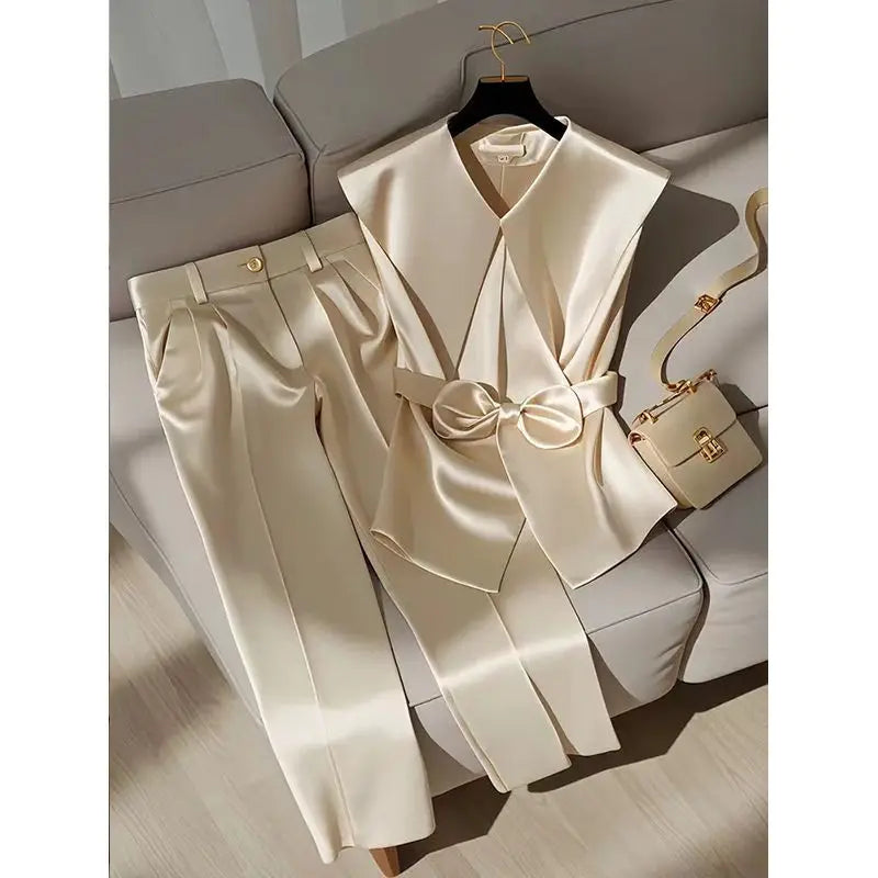 Fashion Satin Celebrity Outfits Elegant OL Peter Pan Collar Bow Sleeveless Vest + High Waist Wide Leg Pants Two Piece Set 376P - Seprincess