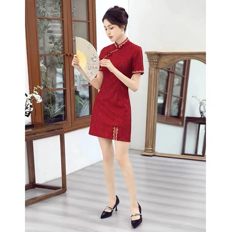 Traditional Chinese Clothing Red Cheongsam Summer New Modern Improved Young Short Qipao Dress New Year CNY - Seprincess