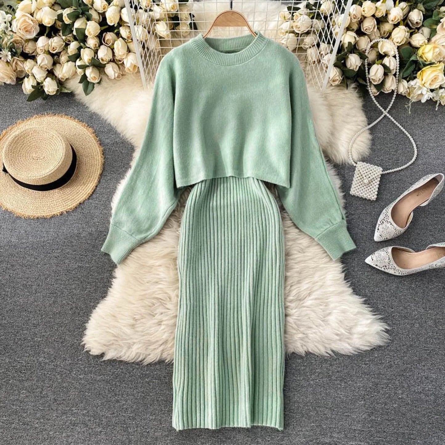 Women Autumn Winter Long Sleeve Knitted Solid Slim Elegance Tops Elastic Lazy Solid Color Knitted Dress Two Piece Dresses - Seprincess