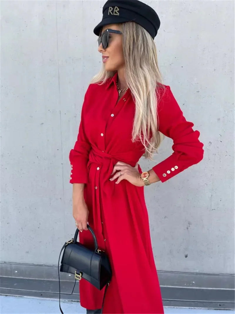 2024 Solid Long Sleeve Shirt Dress Women Lace up Single Breasted Beach Maxi Party Dresses Turn-down Collar Split Sash Vestidos - Seprincess