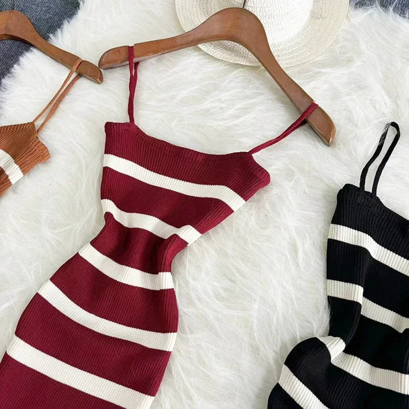 Summer Stripe Elastic Bodycon Strap Dress 2024 Sexy Beach Sundress Women Casual Slim Pencil Vestidos Maxi Long Dress - Seprincess