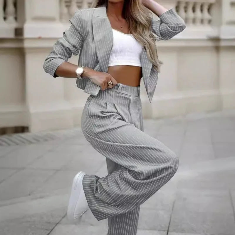 Mandylandy Casual Striped Suits Women Outfits Summer Short Style Lapel Suit Trousers Stripe Blazer Coats Straight-Leg Pants Suit - Seprincess