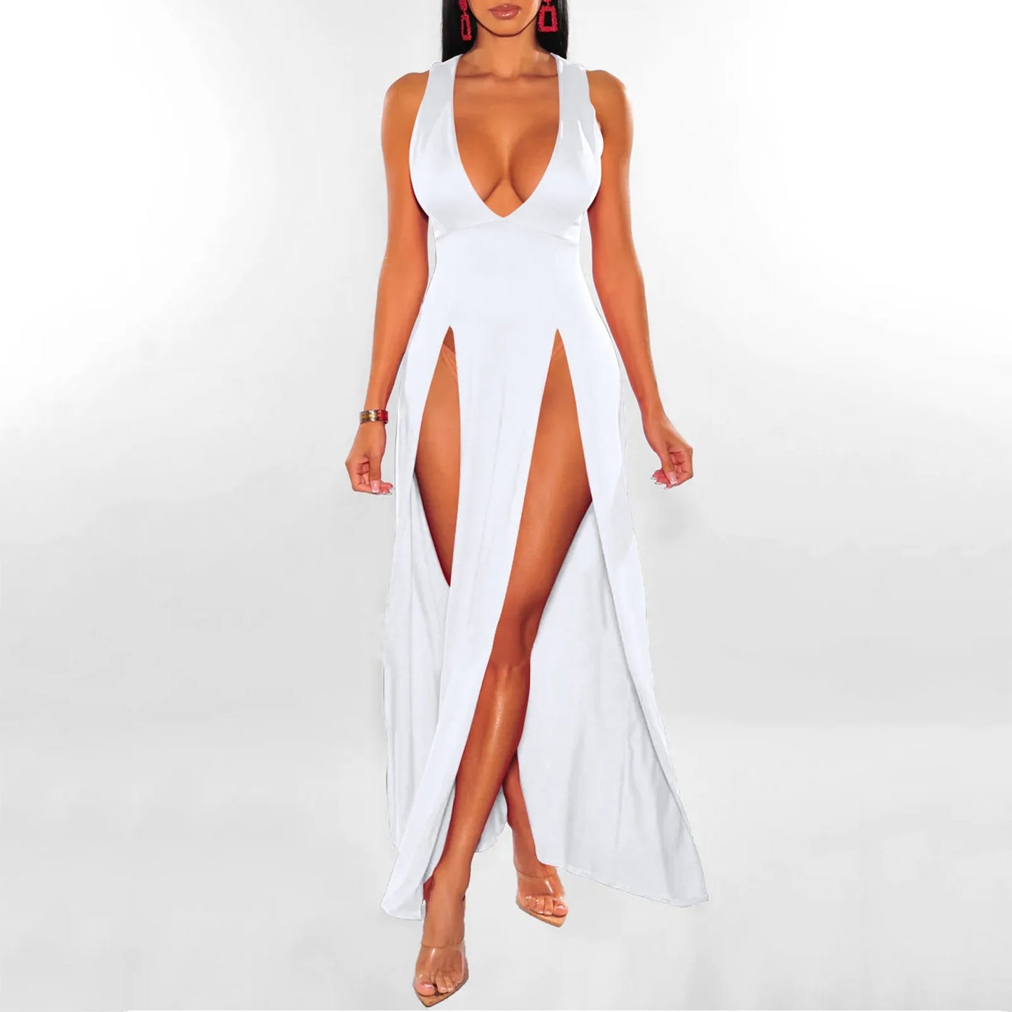 Sexy Lingerie Porno Exotic Dresses Deep V-Neck Sleeveless Double Slit Perspective Suspender Sexy Honeymoon Plus Size Vestidos - Seprincess