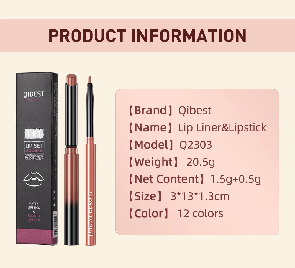 QIBEST 2pcs Matte Lipstick Lipliner Pen Makeup Set Nude Lip Liner Pencil Long Lasting Lipstick Pen Contour Waterproof Lip Stain - Seprincess