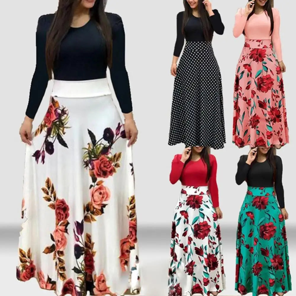 Women's Autumn Long Sleeve Round Neck Casual Flower Vintage Long Dress Elegant Women's Slim Fit Print Dresses S-5XL - Seprincess