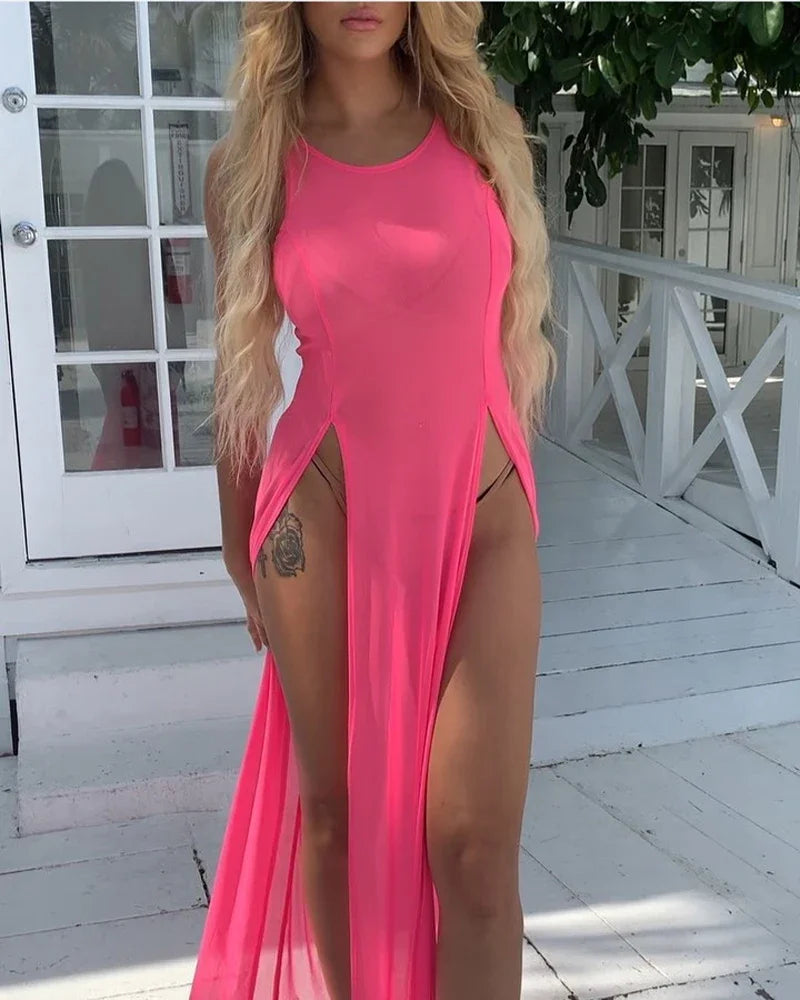 Women Sexy Long Dress Mesh Sheer See Through Bikini Cover Up Beach Sundress Solid Long Dress Sleeveless Strap Dress - Seprincess