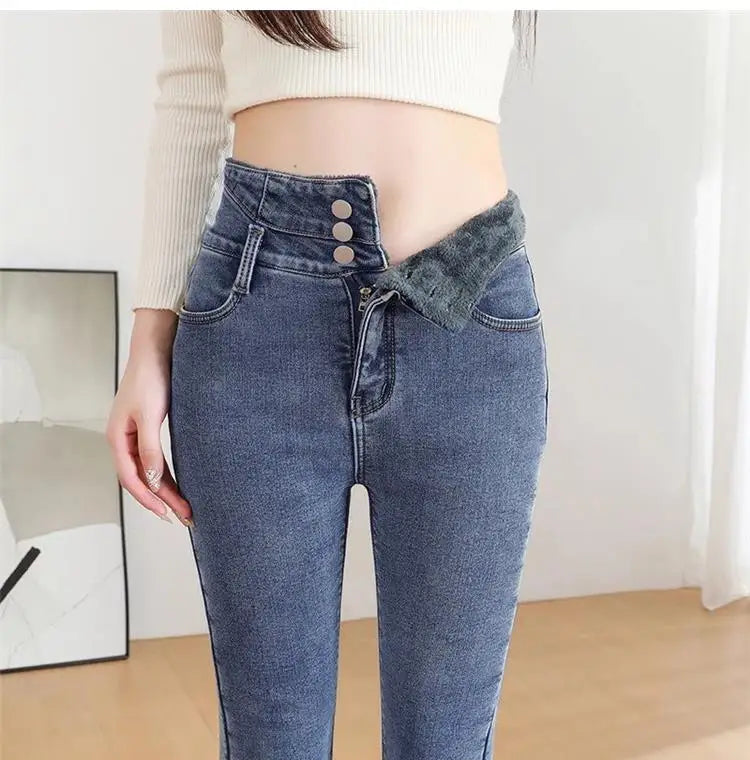 Epligg Thermal Winter Thick Women Stretch Button Pencil Pants Velvet Casual Jeans Thick Fleece High-waist Warm Skinny Jeans