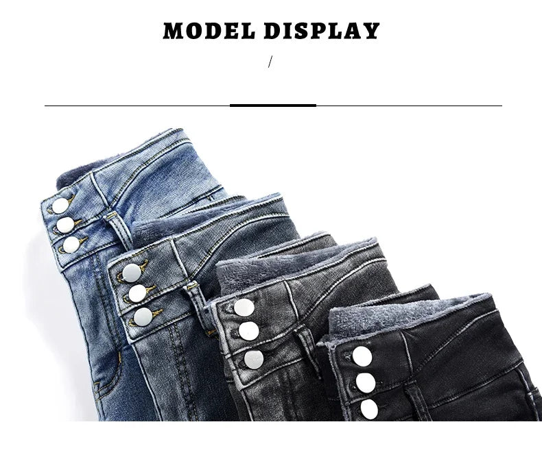 Black Fleece Warm Women Winter Jeans Thickened High Waist Multi-button Skinny Stretch Denim Pants Fashion Korean Female Trousers