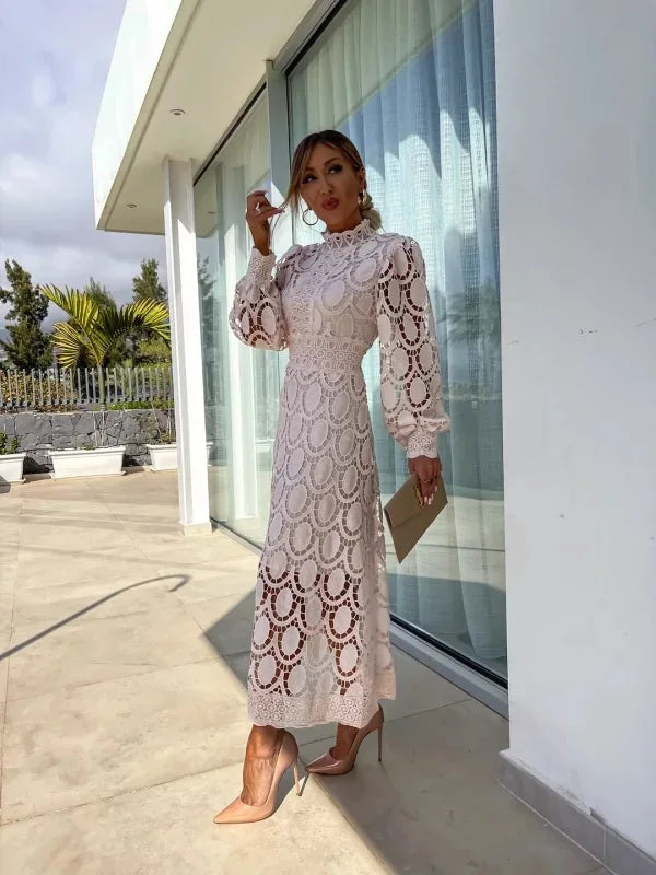 2024 Spring New Fashionable French Lace Stand Up Collar With Bubble Sleeves Waist Cinching Slimming Dress Elegant Long Dress - Seprincess