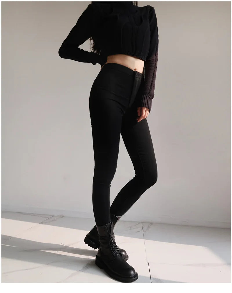 Spring Autumn New High-waisted Slimming Stretch Jeans Women's Petite Black Slim Fit Tightening Leggings Fashionable Casual Wear