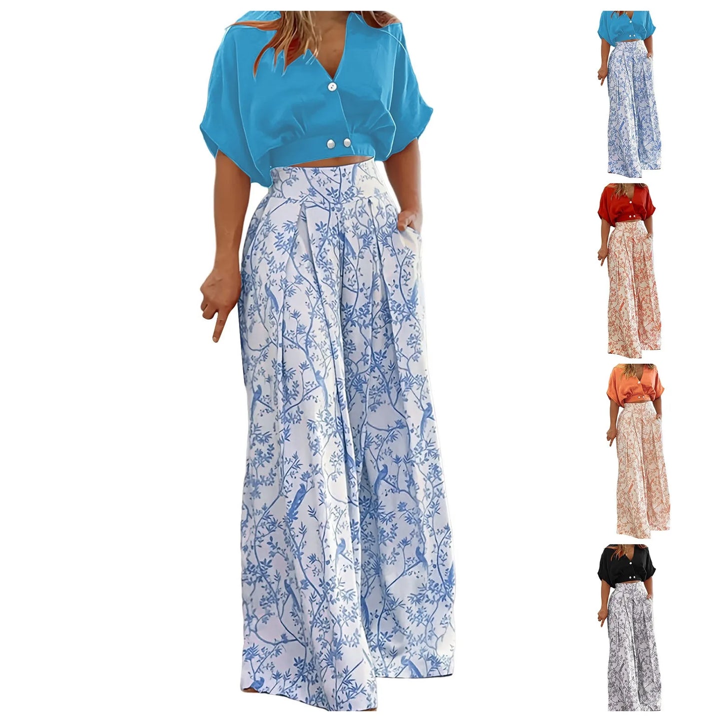 2024 Women Pleated 2 Piece Pants sets Outfits Casual Loose Button Shirt Blouse Top elegant Long Wide Leg Palazzo trousers Set - Seprincess