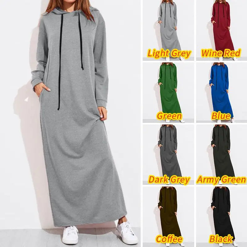 Celmia 2024 Autumn Women Hooded Maxi Dress Casual Solid Long Sleeve Pockets Party Hoodies Dress Long Vestido Robe Drawstring - Seprincess