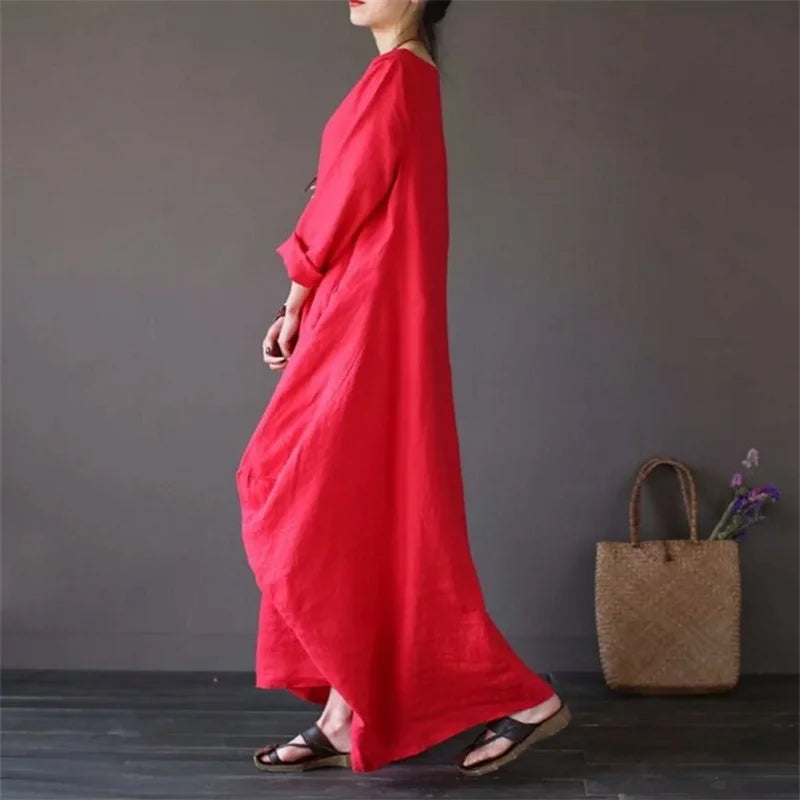 2022 Spring New Loose Size Round Neck Mid-Sleeve Large Swing Cotton And Linen Long Dress - Seprincess