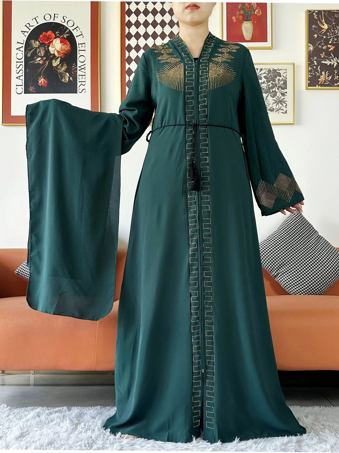 New Women Elegant Dress Chiffon Open Abaya with Zipper Muslim Women Dress Islamic Clothing Cardigan Abaya Women Muslim Dress - Seprincess