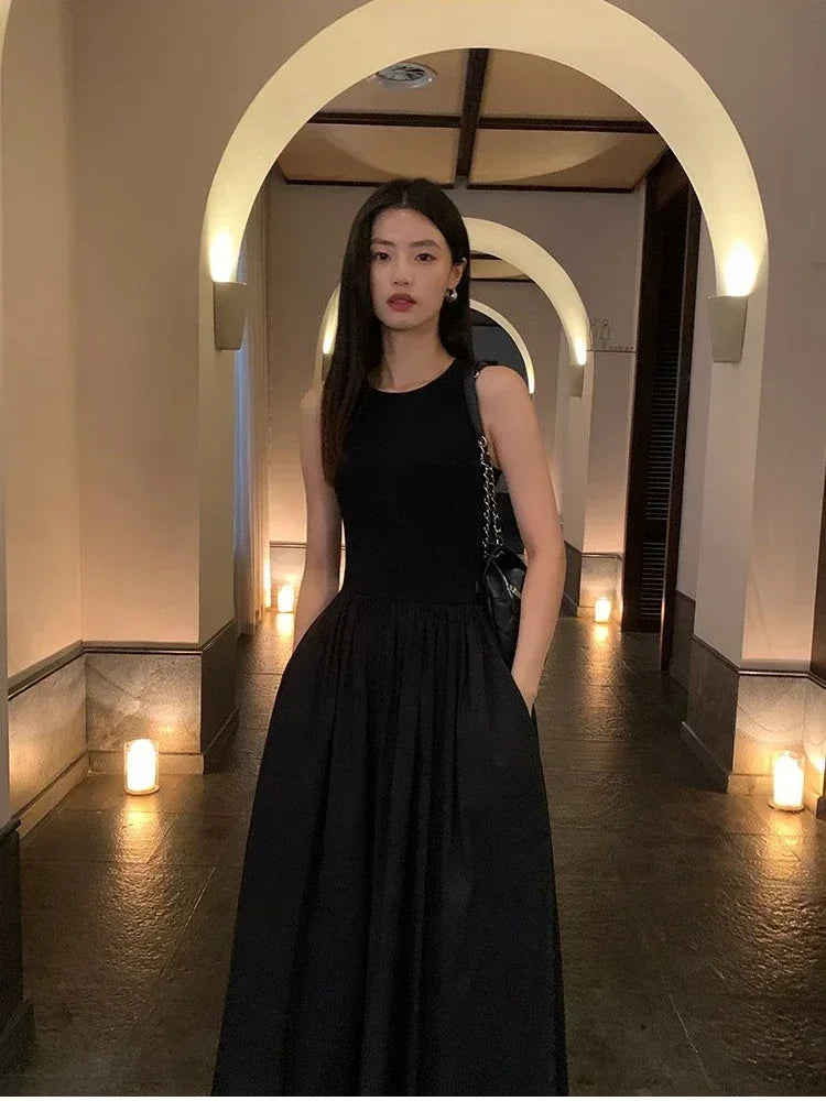 TKNOLEGE New Summer Casual Korean Sleeveless Dresses  Solid Color O-neck Women High Waist Temperament Female Long  Dress - Seprincess