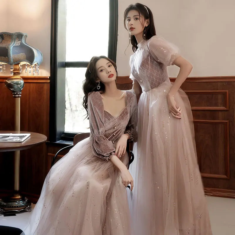 2022 New 4 Styles Bridesmaid Dress Bow Retro Elegant Long-sleeved Chic Temperament Long Evening Dress For Wedding Women Guest - Seprincess