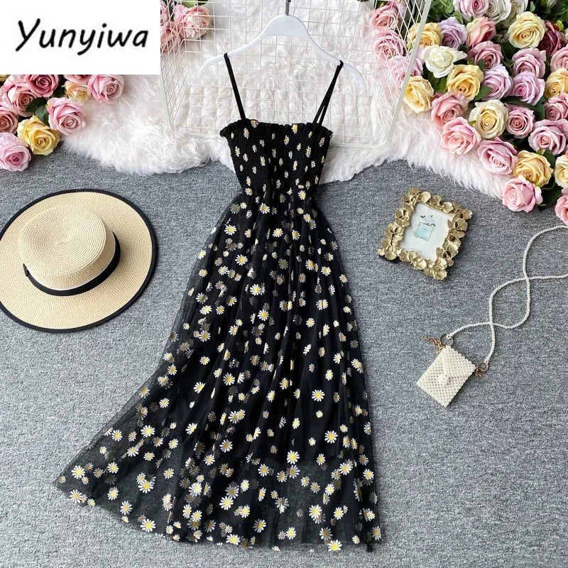 Women daisy Print Dresses Summer Sexy Lace Mesh Dress Spaghetti Strap Ruched Floral Vestidos Korean Style Long Dress - Seprincess