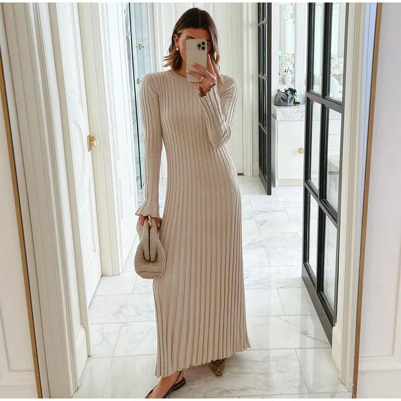 Women Elegant Solid Pleated Knitted Maxi Dress Casual Round Neck Long Sleeve Lace Up Dresses 2024 Autumn Lady High Street Robes - Seprincess