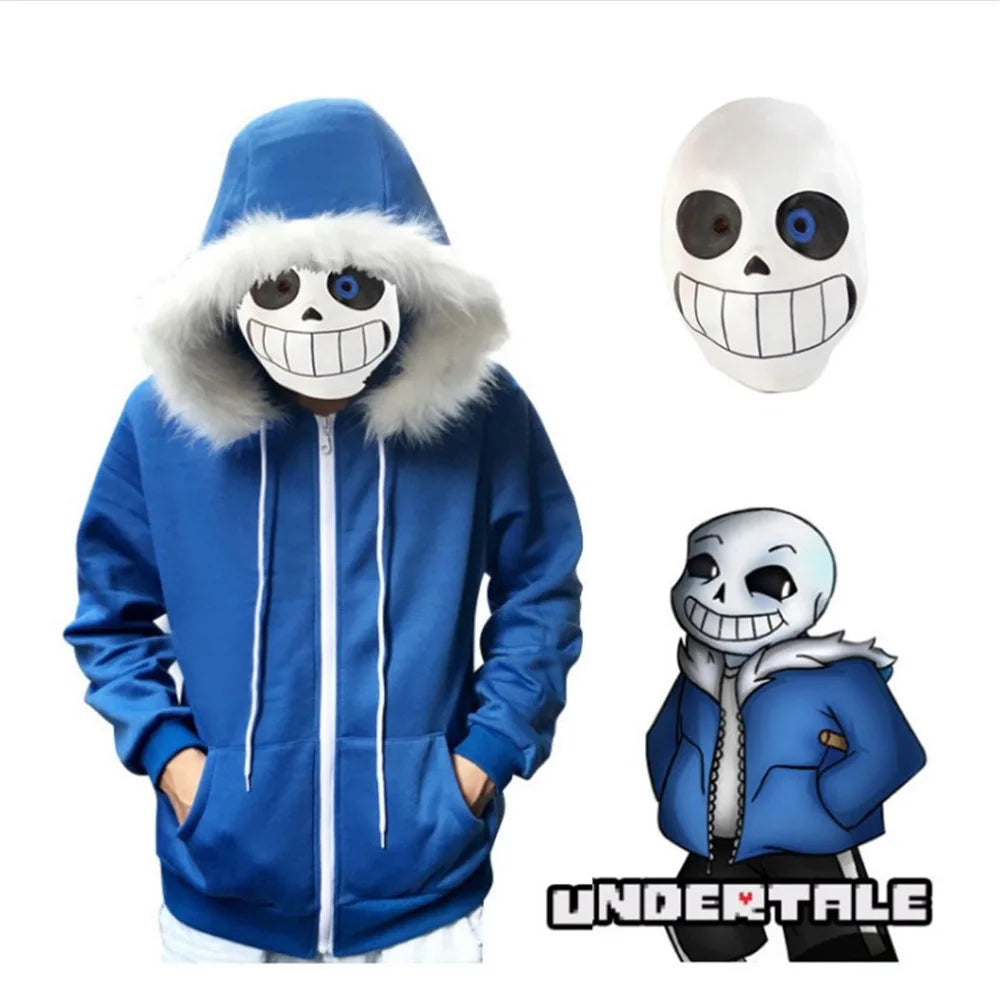 Undertale Sans Skeletons Cosplay Blue Hoodies Mask Bones Cos Blue Coat Halloween Cosplay Costume Unisex Cute Jacket Headgear - Seprincess