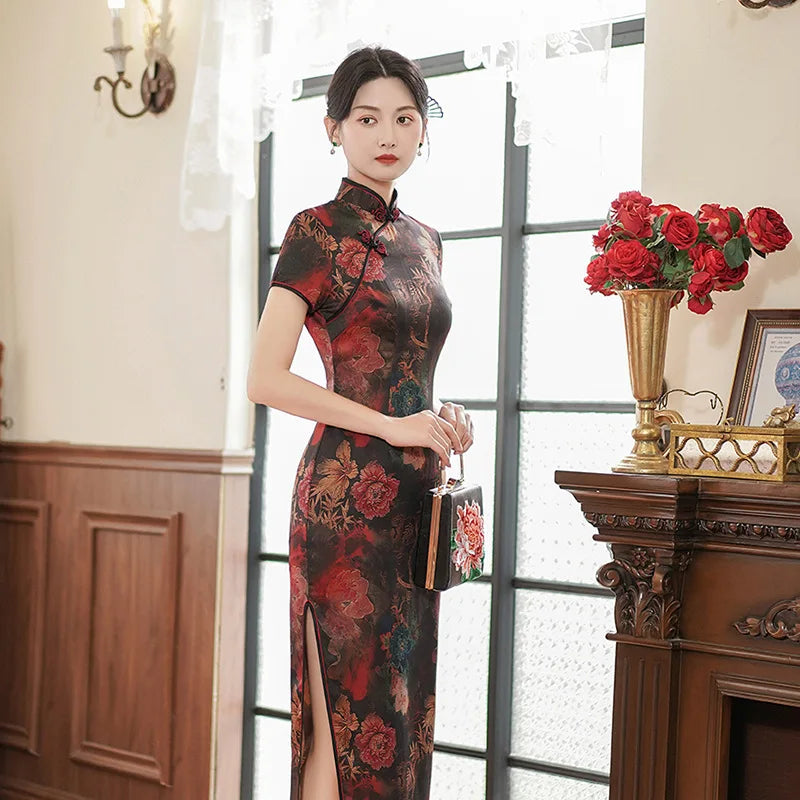 Large Size 4Xl 4Xl 5Xl Chinese Qipao Cheongsam Woman Chinese Traditional Dress Floral Print Slitting Hem Bodycon Sexy Vestidos