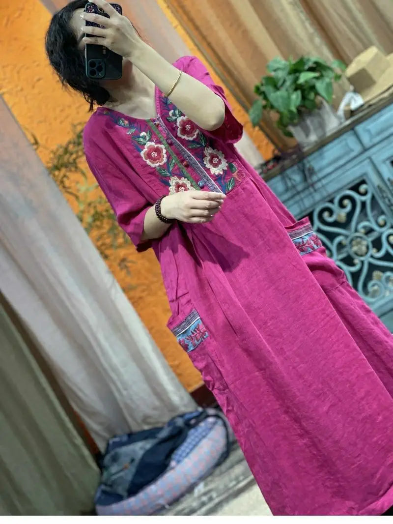 2023 Chinese national style linen embroidery v-neck button up skirt loose vintage dress women loose dress cheongsam dress pd - Seprincess