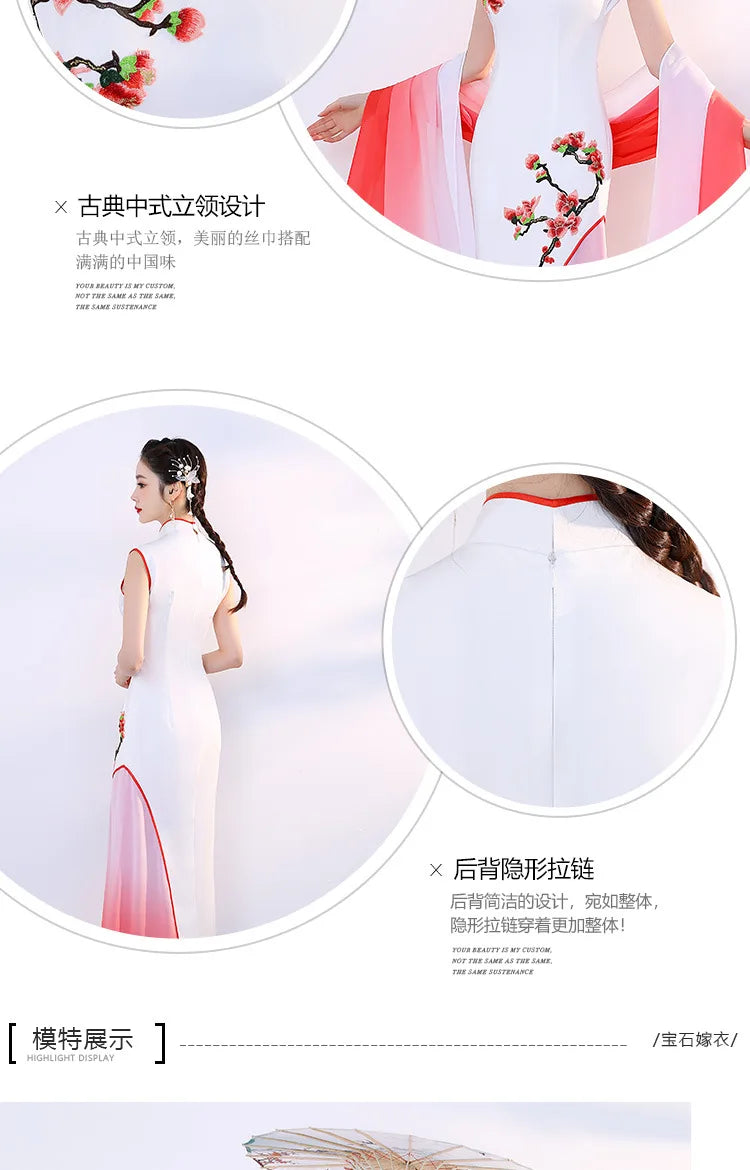 White Sexy Satin Chinese Dresses Gown Women Large Size Slim Qipao Long Sequins Evening Party Cheongsam Elegant Vestidos - Seprincess