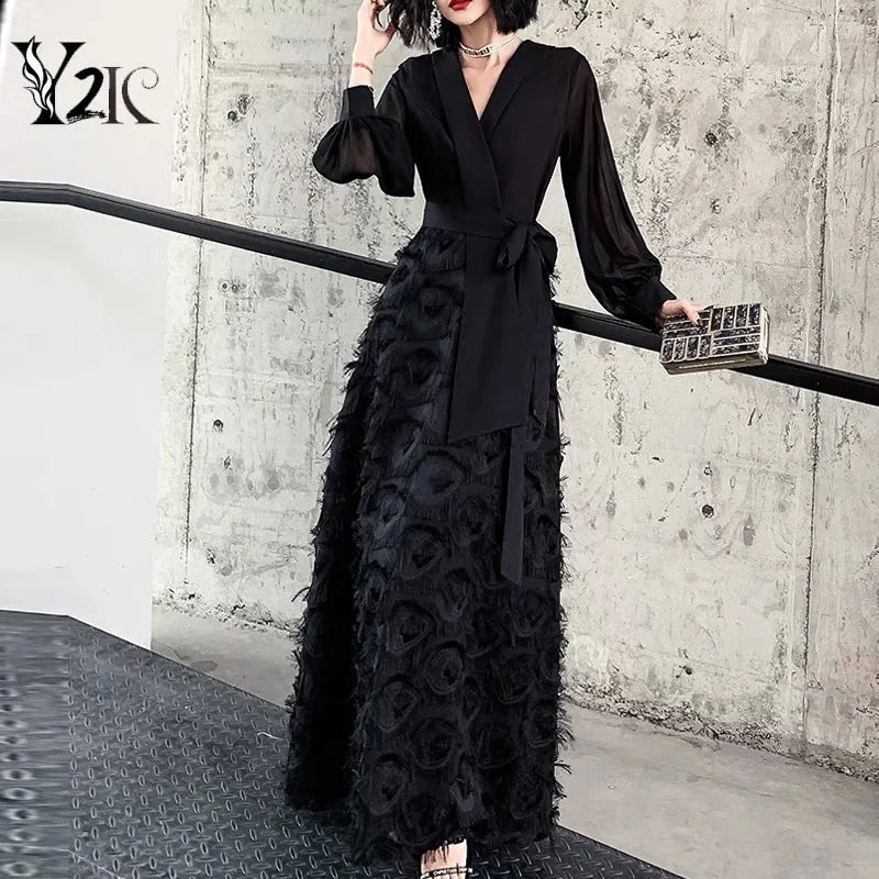 Y2K clothes designer autumn spring black maxi dresses for women traf bow V-neck tassels elegant party evening long dress vestido - Seprincess