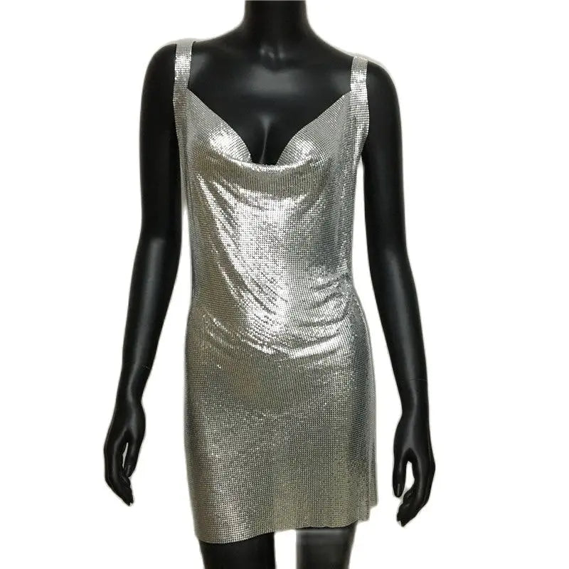 Sexy Metallic Sequin Mini Dress For Women Backless Cocktail Club Glitter Low Cut Halter Dress Rave Party Nightclub Dresses - Seprincess