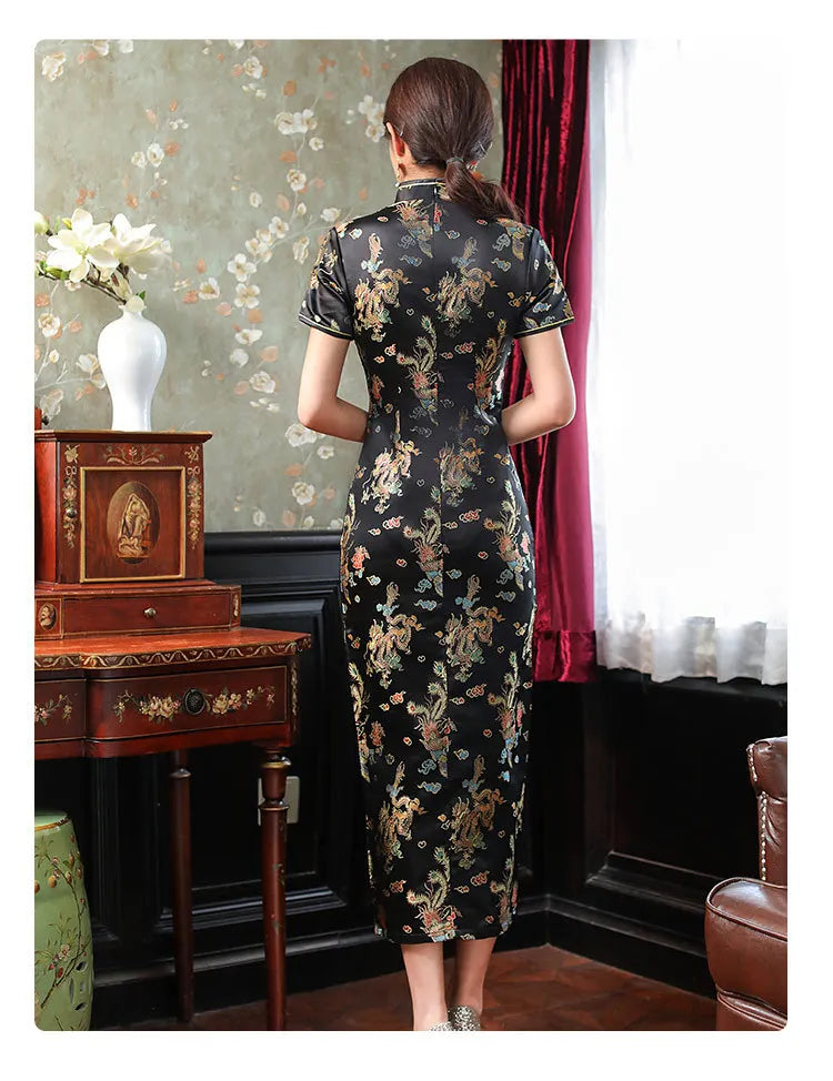 Large Size Sexy Slim Long Qipao Dress Women Retro Elegant Cheongsam Short Sleeve Brocade Dragons and Phoenixes Clothes Vestidos - Seprincess