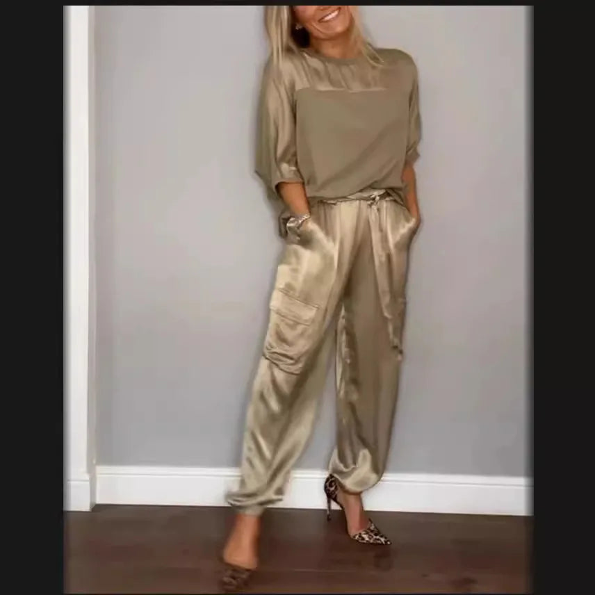 Elegant Satin Two Piece Set Women Outfits Spring Summer Casual Solid O Neck Shirt Long Pants Tracksuit Fashion Female Loose Suit - Seprincess