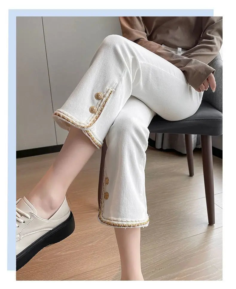 Winter Fashion Luxury Women's Clothing Slim Pants Elastic Force Solid Color Panelled Button Slit Straight Tube Cropped Trousers