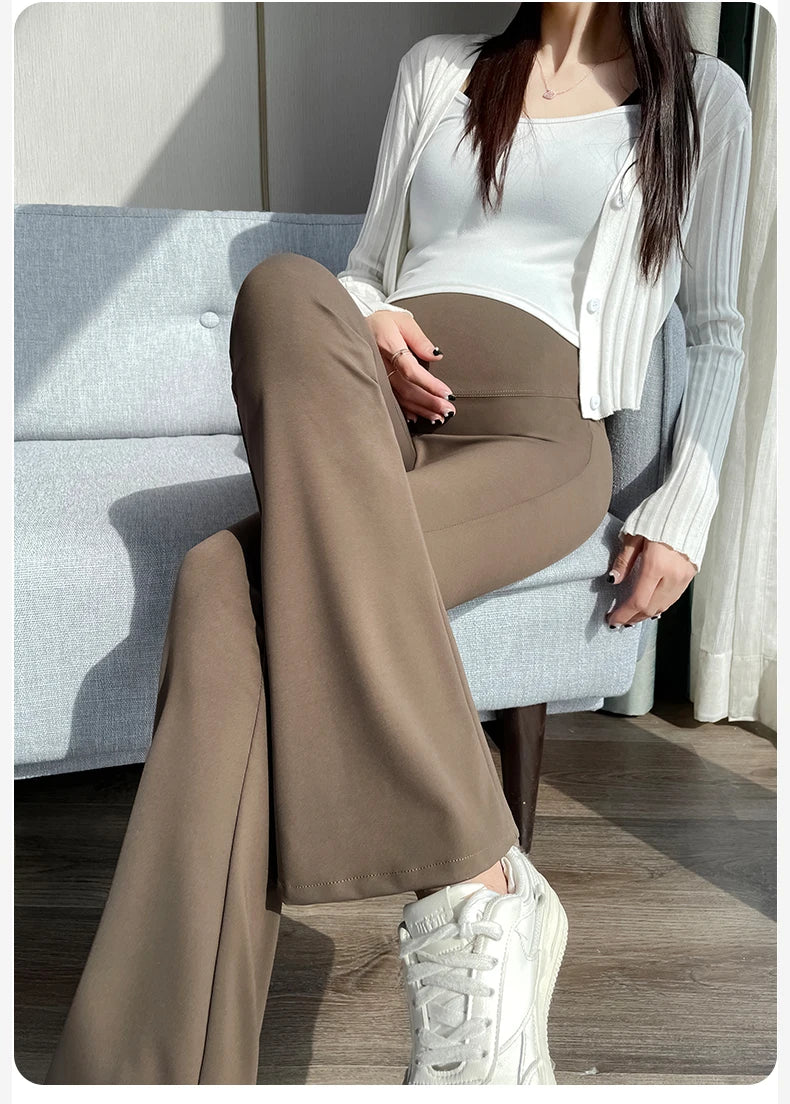 Spring Autumn Maternity Flare Pants Thin Summer Belly Trousers High Waist Pregnant Womens Shark Skin Leggings Pregnancy Boot Cut