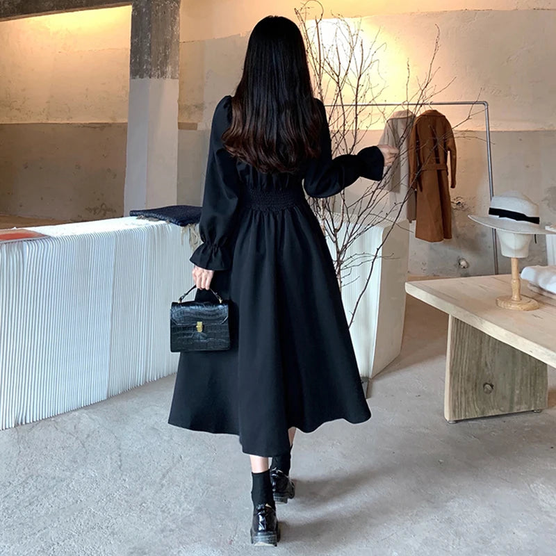 Women Black Folds Elegant Long Dress Retro Loose Sweet Square Collar Female Dress Spring Autumn All Match Casual Ladies Vestidos - Seprincess