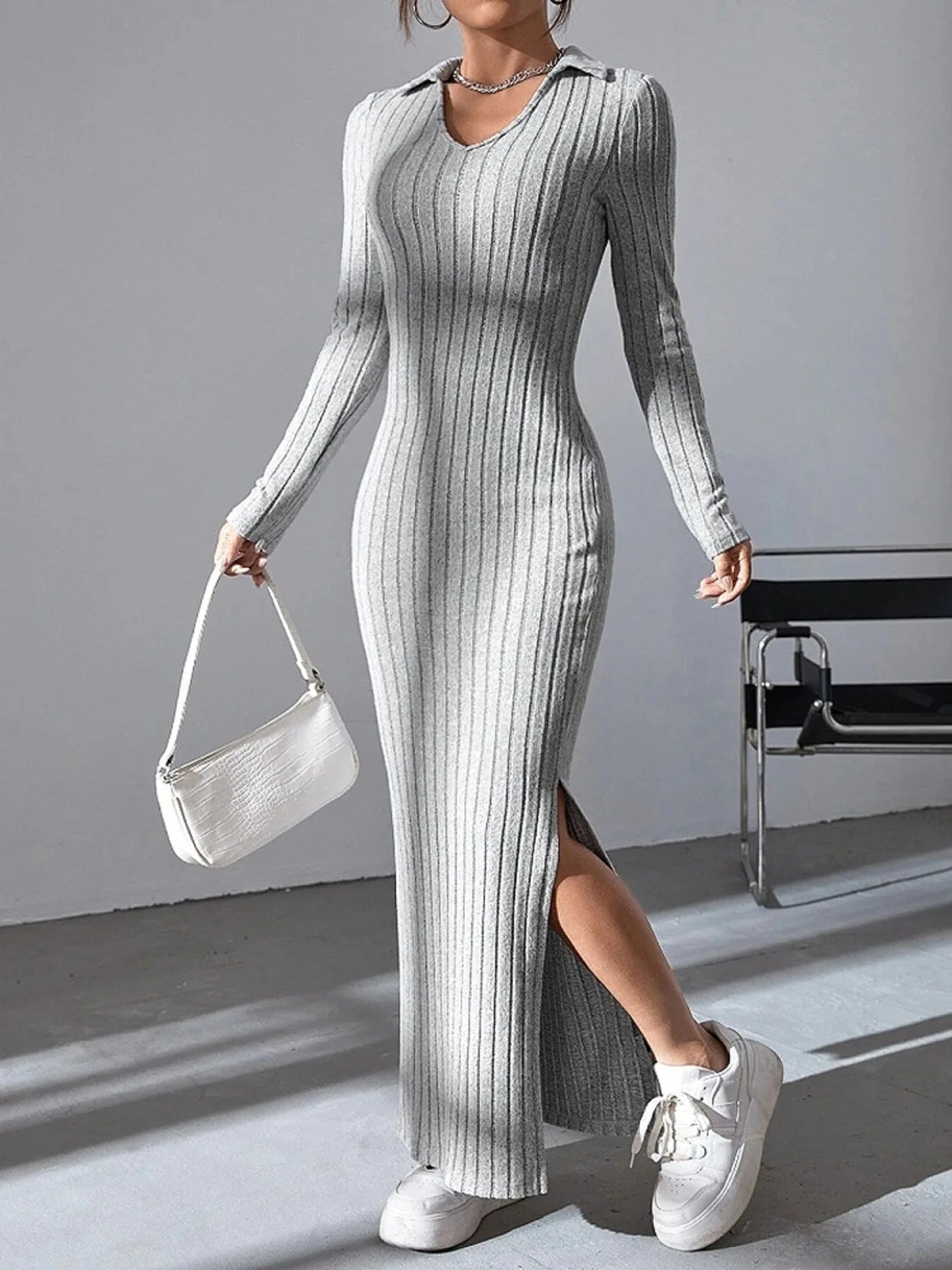 2024 Europe And The United States Autumn And Winter New Knitted Slim-Fit Lapel Long Sleeve Pit Strip Solid Color Tight Dress - Seprincess