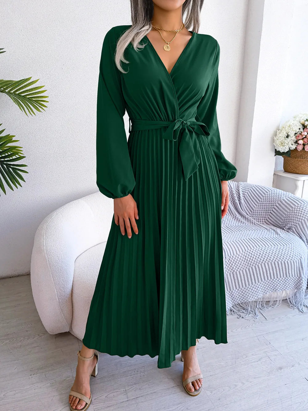 Women Elegant V Neck Long Sleeve Pleated Maxi Dress - Seprincess