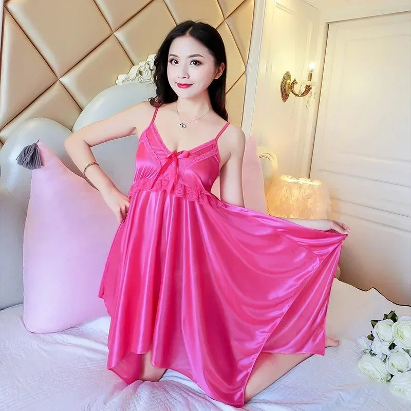 2022 Summer Sexy Lingerie Nightgowns for Women Silk Satin Lace Spaghetti Strap Night Dress Sleepwear Nightdress Nightwear Nighty - Seprincess