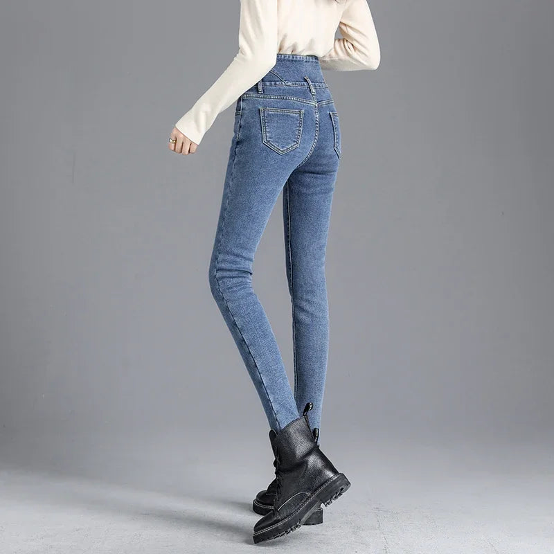 Winter Women Thick Velvet High Waist Skinny Jeans Simple Warm Fleece Slim Fit Stretch Trousers Casual Ladies Denim Pencil Pants