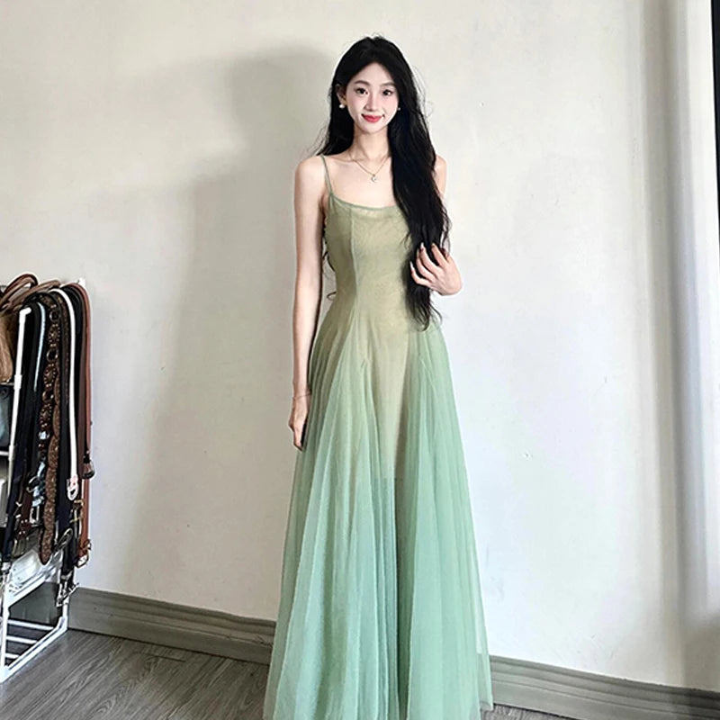 Women Mesh Spaghrtti Strap A-line Holiday Seaside Summer Princess Long Dress - Seprincess